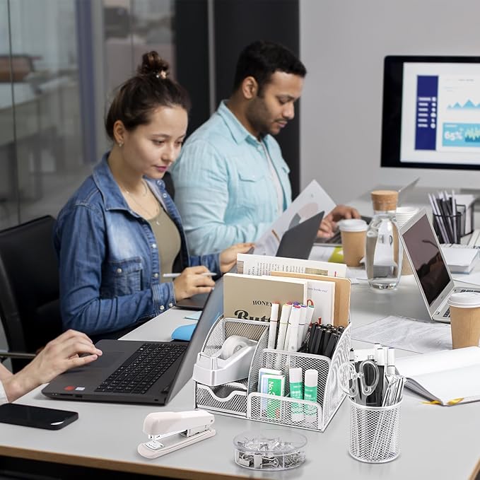 17 in1 Silvery Desk Organizers and Accessories Set, 3 Office Desk Supplies Storage Organization, 4 Pens, Stapler, Staples & Remover, Tape & Dispenser, Scissors, Ruler, Clips, Hole Punch Back to School