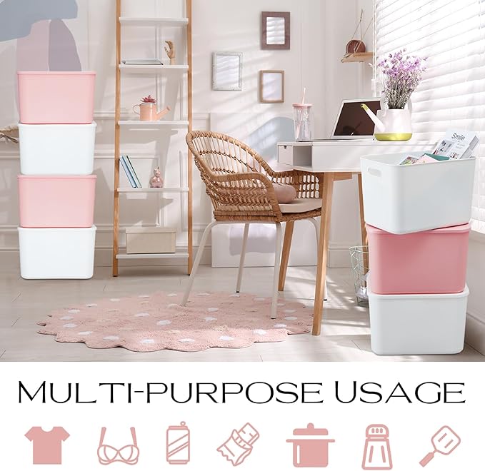 Hoolerry 8 Pieces Colorful Storage Bins with Lid, Plastic Storage Basket Organizing Container Stackable Box with Handle for Shelves Desktop Playroom Office(14.2 x 10.2 x 9.5 Inch,White and Pink)