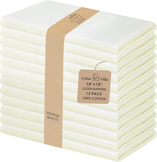 Urban Villa Cloth Napkins Ivory Dinner Napkins Set of 12 (18X18 Inches) 100% Cotton Absorbent Washable Durable Reusable Cloth Napkins Ideal for Farmhouse Party Thanksgiving Harvest Fall Dinner Napkins