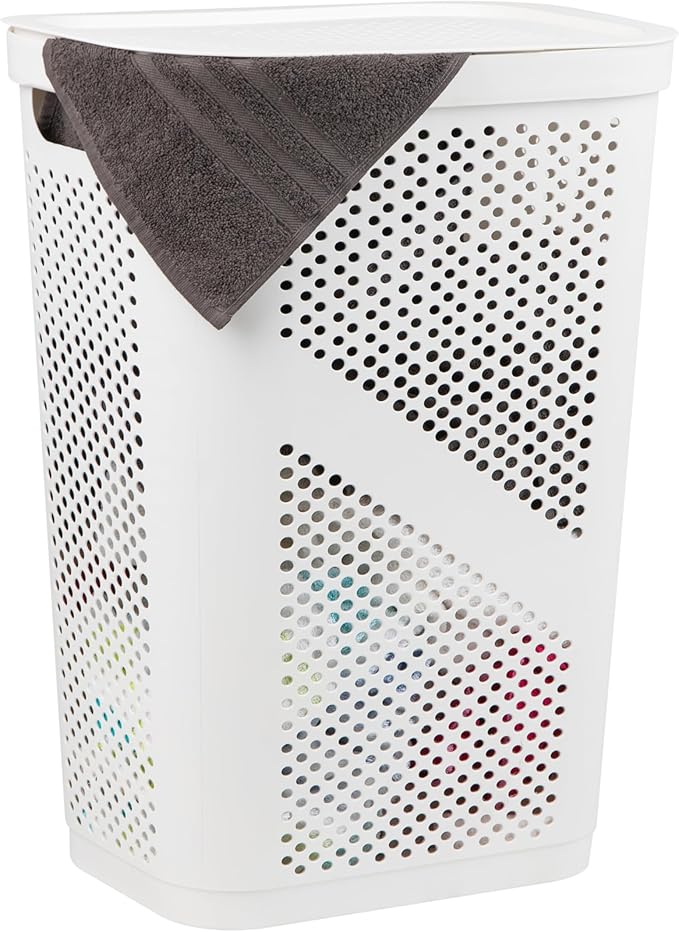 Mind Reader Slim Laundry Hamper with Lid, 60L Clothes Basket, Ventilated Plastic, White