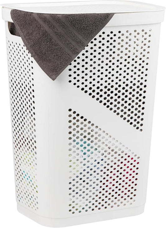 Mind Reader Slim Laundry Hamper with Lid, 60L Clothes Basket, Ventilated Plastic, White