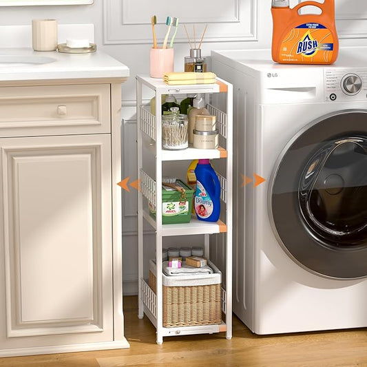 4 Tier Expandable Slim Storage Shelf, Metal Shelving Unit for Bathroom Storage Organizer, Freestanding Narrow Shelf for Small Spaces, Open Floor Shelves for Bathroom, Laundry Room, Kitchen,White