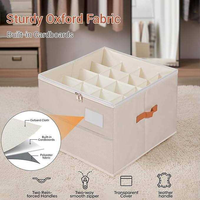 Chewlish Shoe Organizer for Closet, Foldable Shoe Storage Organizer Containers with Clear Cover, Space Saving Shoes Holder with Handles, Beige (2, L)