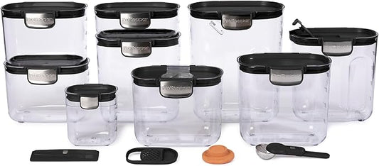 ProKeeper+ Airtight Food Storage Container Set – Clear Plastic Flour and Sugar Canister Set with Magnetic Accessories for Kitchen Organization (Black, 13-Piece)