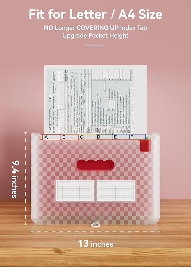 ABC life 26 Pockets Accordion File Organizer, Expanding File Folder, Portable Monthly Paper Bill Tax Receipt Organizer, Letter A4 Size Document Organizer with Labels - Pink