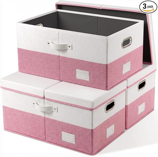 PRANDOM Storage Bins with Lids [3-Pack] Linen Fabric Foldable Storage Boxes Organizer Containers Baskets Cube with Cover for Bedroom Closet Office White&Pink (23.4X15.9X11.4)