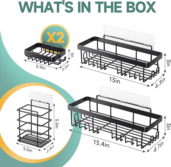 Veken 5-Pack Rustproof & Waterproof Shower Caddy 5-Pack, No Drilling Adhesive Corner Shower Shelves, Rack For Inside Shower, Large Bathroom Organizer Storage Accessories, Ideal for Home&Kitchen, Black