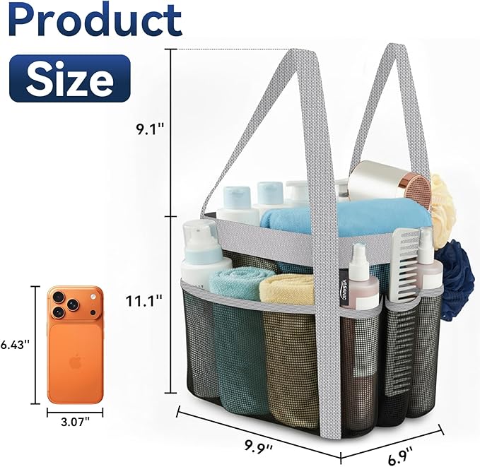 YASONIC Mesh Shower Caddy Portable for Dorm College Room Essentials, 8-Pocket Large Shower Bag with Double Handles, Hanging Shower Basket for Beach, Swimming, Bathroom, Beach, Camp, Gym, Black-Grey