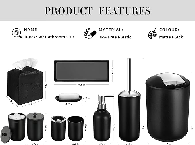 ALPIRIRAL Black Bathroom Accessories Set, 10Pcs Bathroom Accessory Set with Trash Can, Soap Dispenser and Toothbrush Holder, Soap Dish, Cotton Ball & Qtip Holder, Toilet Brush Holder, Tissue Box Cover