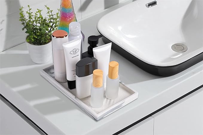 White Marble Bathroom Counter Tray - Ceramic Perfume Organizer and Jewelry Dish for Vanity Dresser