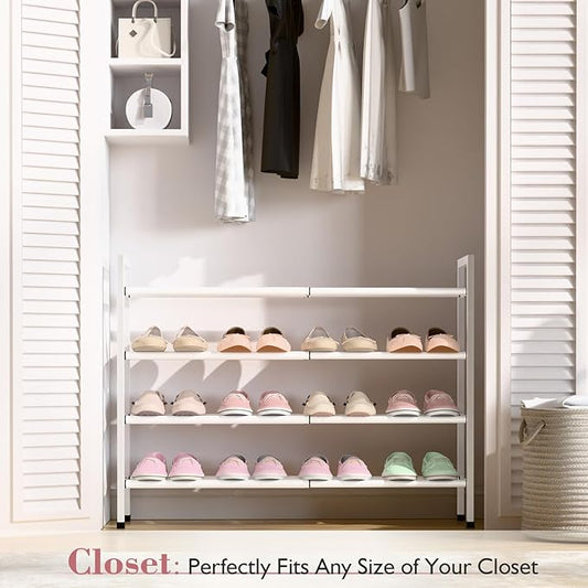 Bumusty 4-Tier Expandable Shoe Rack for Closet, 18“-33” Adjustable Shoe Rack for Small Space, Small Shoe Organizer for Front Door, Sturdy Metal, White