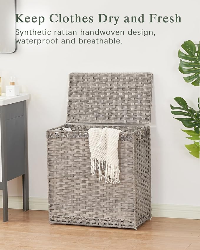 SETVSON Laundry Hamper with Lid Wicker Laundry Basket 112 L (29.6 Gal) Laundry Hampers Handwoven Rattan Clothes Hamper with Handles 3 Removable Liner Bag, 6 Mesh Bags for Bathroom Bedroom Gray