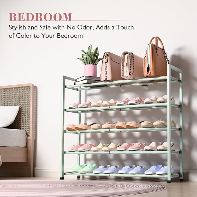 Bumusty 5-Tier Expandable Shoe Rack for Closet, 18“-33” Adjustable Shoe Rack for Small Space, Small Shoe Organizer for Front Door, Sturdy Metal,Green