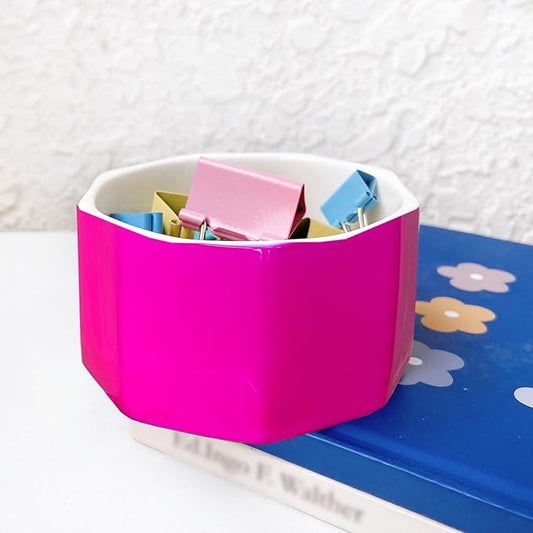 LEAZUL Ceramic Paper Clip Holder Gold Line Paper Clip Dispenser Organizer for Desk Cute Floral Pattern Office Binder Clip Holder Bobby Pin and Hair Clip Holder Gift for Office (Hot Pink)