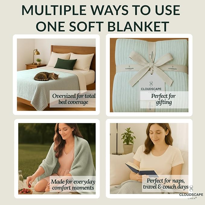 Cloud Scape Linen 100% Cotton 8 Layer Twin Size Muslin Blanket - Breatheable and Soft Winter Blanket for Bed, Couch and Sofa, Oversized Fits up to Twin XL, Best Gift Idea, 68x92, Seafoam