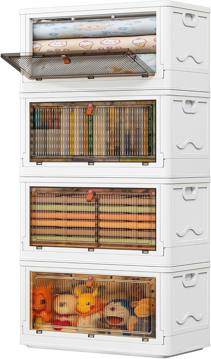 YFXCVSL 4 Tier Storage Bins with Lids 102QT - Stackable Containers with Wheels, Folding Boxes, Set of 25