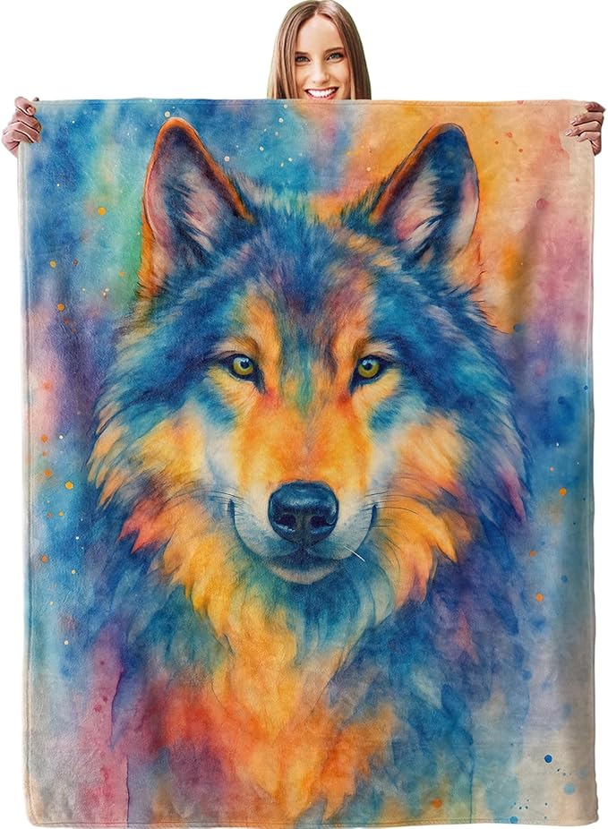 Colorful Watercolor Wolf Blanket, Soft Lightweight Warm Cozy Flannel 60×50 inch Throw Blanket for Couch, Travel, Bed, Outdoor, Gifts for Women Men Adults Kids