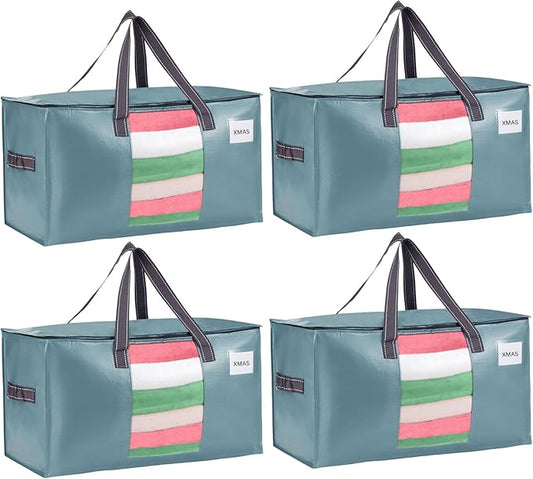VENO 4 Pack Moving Bags, Christmas Storage Bins, Moving Boxes Alternative, Comforter and Blanket Storage Bags, College Dorm Packing Supplies, Foldable Heavy-Duty Tote (Shiny Light Blue, 4 Pack)