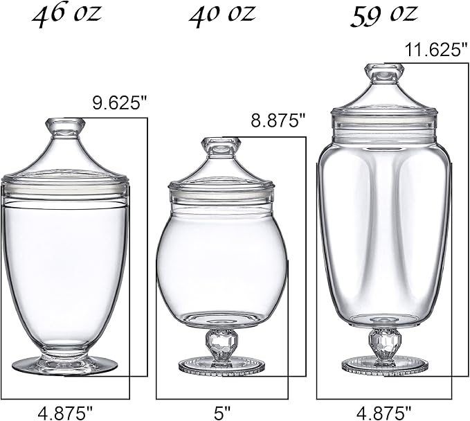 Amazing Abby - Admire - Plastic Apothecary Jars (3-Piece Set, 60/46/40 oz) (NOT Glass), Acrylic Jars with Lids, Bathroom Canisters, Candy Buffet, Wedding Display, BPA-Free and Shatter-Proof