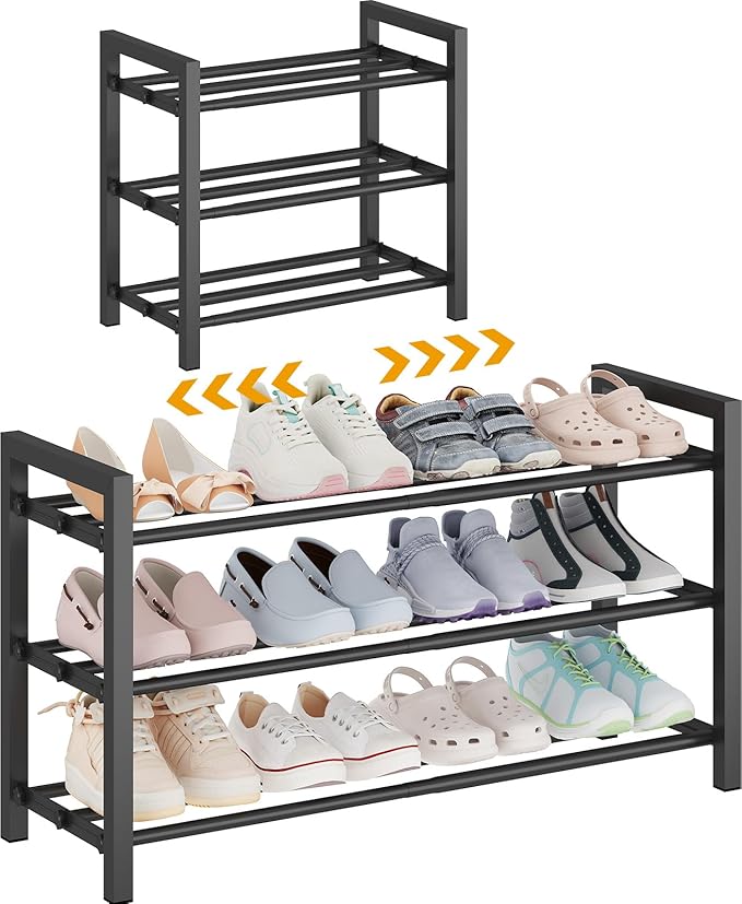 Detsuk 3-Tier Expandable Shoe Rack – Adjustable Heavy-Duty Metal Shoe Organizer Shelf for Closet, Entryway, Mudroom & Garage – Durable Freestanding Storage, Black