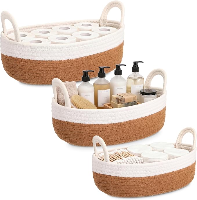 3 Pcs 3 Sizes Storage Basket for Toilet Tank Top Rope Woven Organizer with Handle Boho Bathroom Toilet Paper Organizer for Shelf Living Room Farmhouse Home Decor(White and Brown)