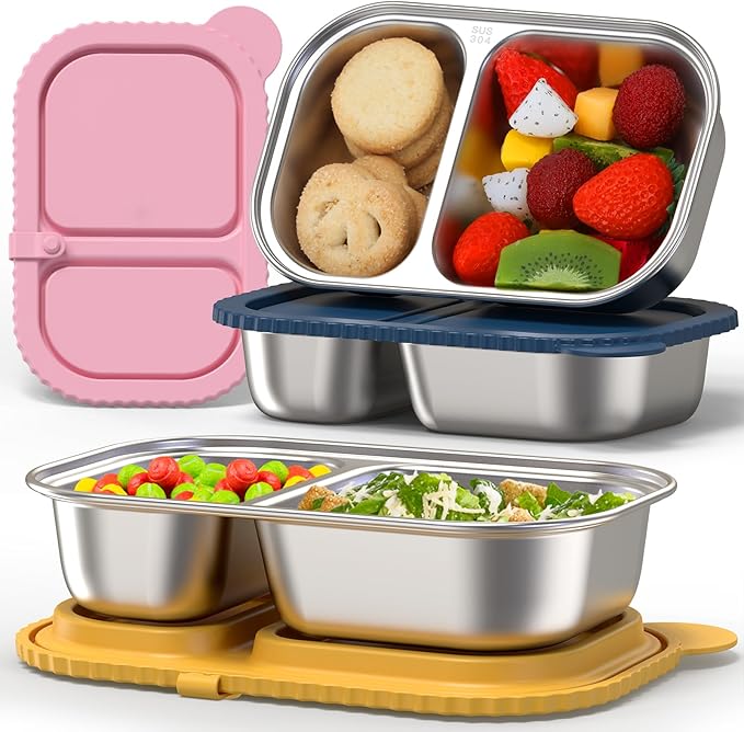 ICEROYCE 3 Pack Stainless Steel Snack Containers with Silicone Lids, Meal Prep Containers, Reusable 2 Compartment Food Storage Containers, Stainless Steel Box for Lunch, Office, Travel