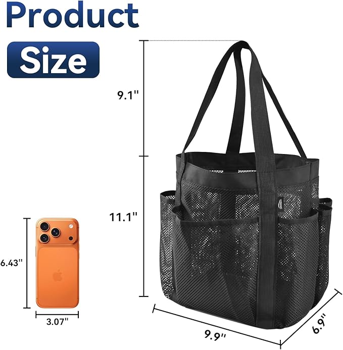 YASONIC Mesh Shower Caddy Portable for Dorm College Room Essentials, 8-Pocket Large Shower Bag with Double Handles, Hanging Shower Basket for Beach, Swimming, Bathroom, Beach, Camp, Gym, Black