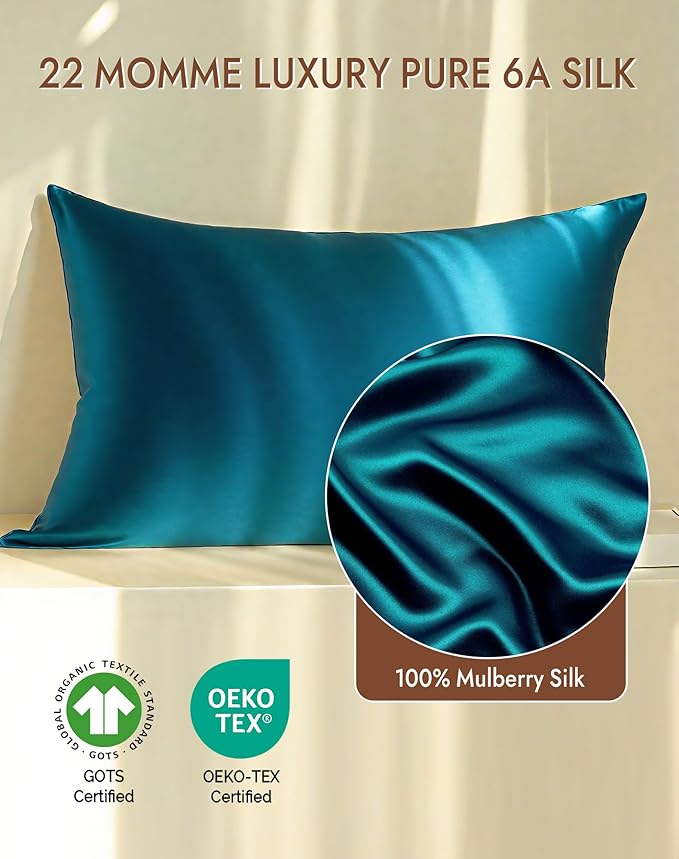 SilkSilky 100% Mulberry Silk Pillowcase - Pure 22 Momme High-Grade 6A Fibers for Hair & Skin, Envelope Closure, Natural, Organic, Breathable & Cooling Pillow Case (King, Teal)