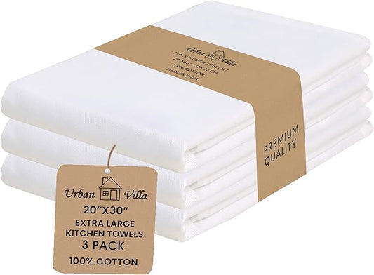 Urban Villa Kitchen Towels 100% Cotton Dish Towels for Kitchen(Set of 3)20”x30” Dish Cloths Highly Absorbent Kitchen Linen Set with Hanging Loop Perfect for Drying Dishes Cleaning Hand Towels – White