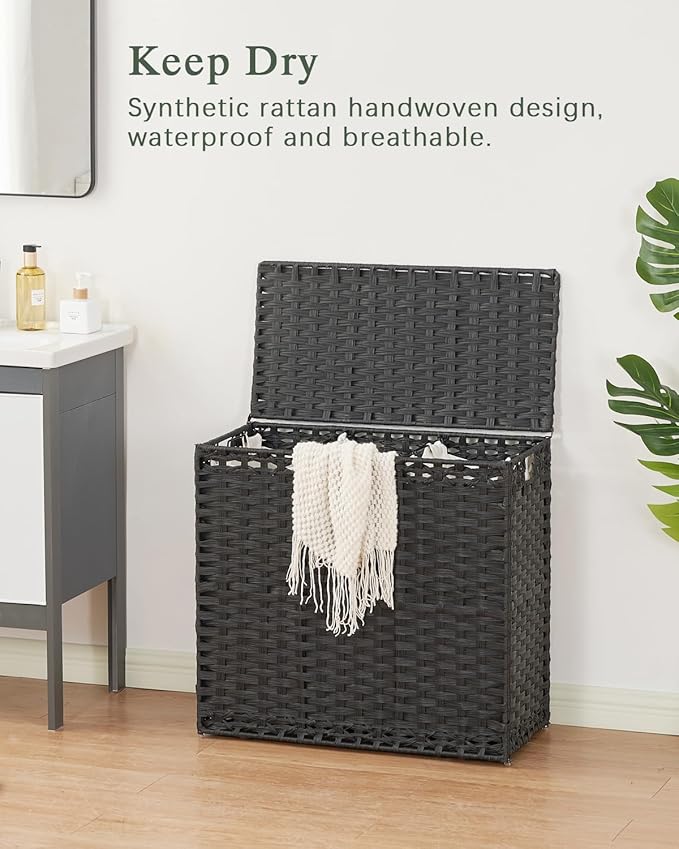 SETVSON Laundry Hamper with Lid Laundry Basket 132 L (35 Gal) Wicker Clothes Hamper, Handwoven Rattan Hamper with Handles and 4 Removable Liner Bags, 6 Mesh Bags for Laundry Bedroom Black
