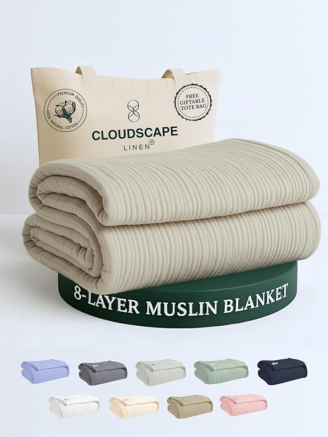 Cloud Scape Linen 100% Cotton 8 Layer Twin Size Muslin Blanket - Breatheable and Soft Winter Blanket for Bed, Couch and Sofa, Oversized Fits up to Twin XL, Best Gift Idea, 68x92, Fog