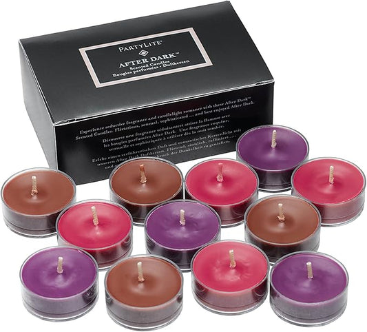 PartyLite After Dark™ Tea Lights Sampler, Velvet Plum & Amber Suede with Cashmere Cassis Scented Candles, Gift Set of 12, Aromatherapy with up to 4 to 6 Hours Burn Time, Ideal for Home Decor