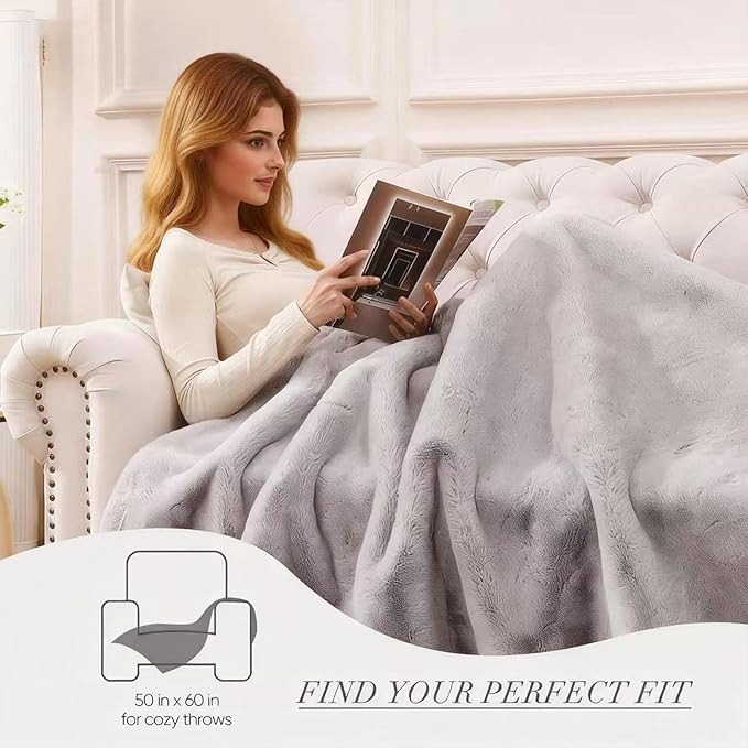 Faux Rabbit Fur Throw Blanket 880 GSM, Ultra Soft Thick Warm Bubble Plush, Reversible Throw for Couch Sofa Bed, Cozy Shaggy Blanket for Bedroom & Living Room(50''*60'',Gray)