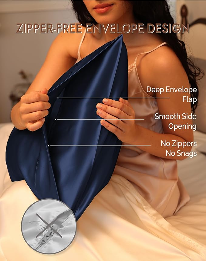 SilkSilky 100% Mulberry Silk Pillowcase - Pure 22 Momme High-Grade 6A Fibers for Hair & Skin, Envelope Closure, Natural, Organic, Breathable & Cooling Pillow Case (Standard, Dark Blue)