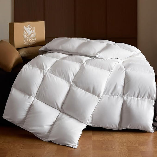 Goose Down Fiber Comforter Queen Size – All-Season Hotel Quality Duvet Insert, High Fill Power, Ultra Soft 100% Cotton, Box-Stitched, Breathable, Lightweight Luxurious White Bedding, 90"x 90"