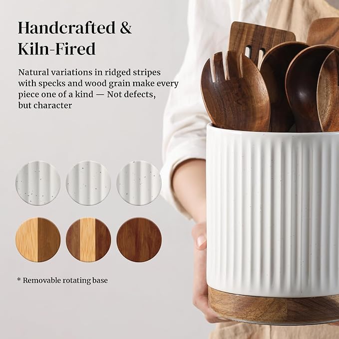 DOWAN 360° Rotating Extra Large Cooking Utensil Holder, 7.6" Kitchen Utensil Holder for Countertop, Utensil Crock for Farmhouse Kitchen Decor, Ceramic Stable Utensil Caddy, White Stripes