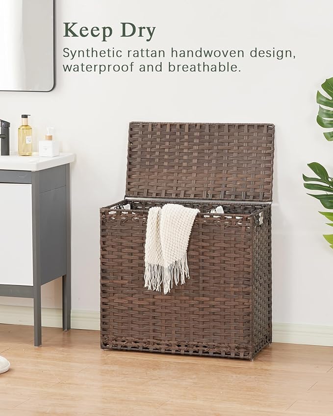 SETVSON Laundry Hamper with Lid Laundry Basket 132 L (35 Gal) Wicker Clothes Hamper, Handwoven Rattan Hamper with Handles and 4 Removable Liner Bags, 6 Mesh Bags for Laundry Bedroom Brown