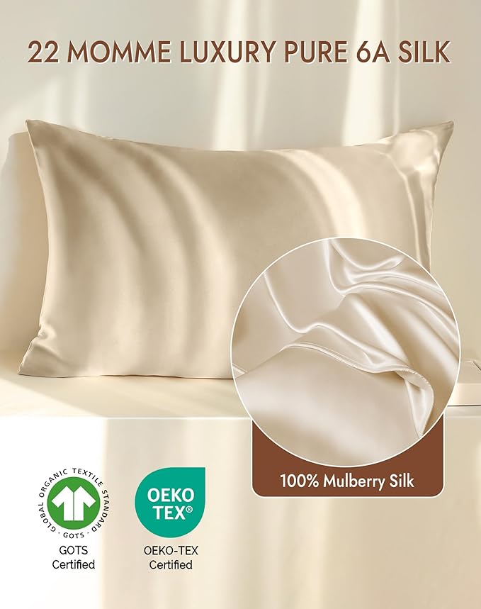 SilkSilky 100% Mulberry Silk Pillowcase - Pure 22 Momme High-Grade 6A Fibers for Hair & Skin, Envelope Closure, Natural, Organic, Breathable & Cooling Pillow Case (Queen, Beige)
