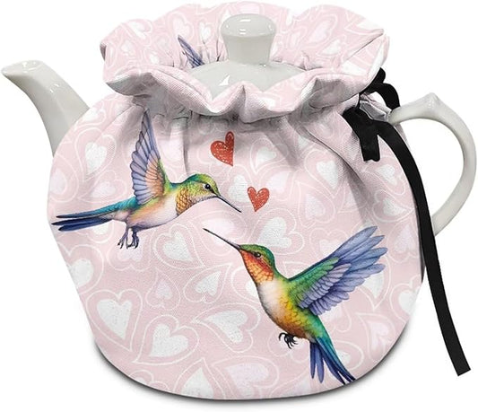 Love Hummingbird Tea Pot Cozies Dustproof Breakfast Pot Lid Valentine Washable Kitchen Home Decorative Insulation and Keep Warm Both Sides Drawstring