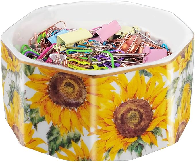 LEAZUL Ceramic Paper Clip Holder Gold Line Paper Clip Dispenser Organizer for Desk Cute Floral Flower Pattern Office Binder Clip Holder Bobby Pin and Hair Clip Holder Gift for Office Sunflowers