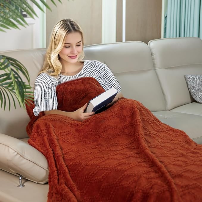 BYKOSY Jacquard Boho Fleece Throw Blanket-Cozy Fluffy Soft Lightweight Fuzzy Fall Blanket for Sofa, Couch, Bed, Chair & Car, Gifts for Teen Girls, Women & Men, Home and Dorm Decor, Rust Red, 50" x 70"
