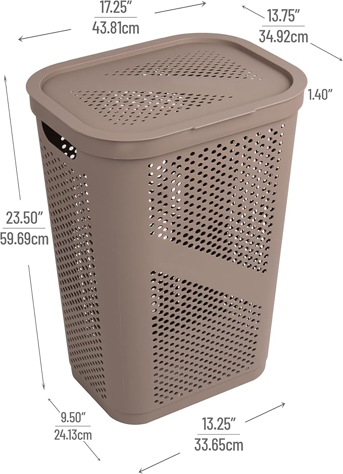 Mind Reader 60L Slim Laundry Hamper, Clothes Basket, Lid, Ventilated, Plastic, Set of 2, Tan