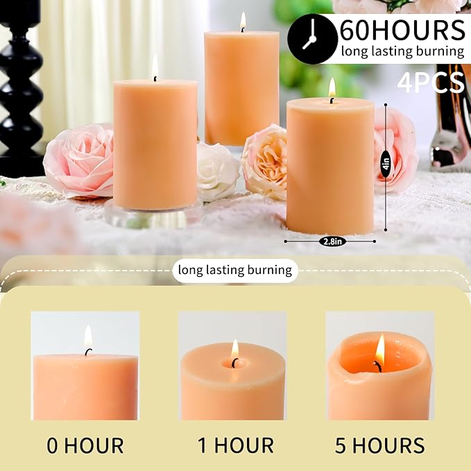 4 Pack Vanilla Lavender Scented Pillar Candles,Natural Soy Wax Pillar Candles-2.8x4In,60H Long Lasting Burning Fragrance Candles for Home,Spa,Stress Relief & Wedding（Peach Pink）