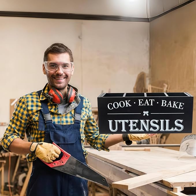 LIBODOUR Utensil Holder,Extra Large Wooden Utensil Holder For Kitchen Counter,Cooking Spatula Organizer,Big Storage Caddy With 4 Compartments Flatware Spoon Tool Cutlery（Black）