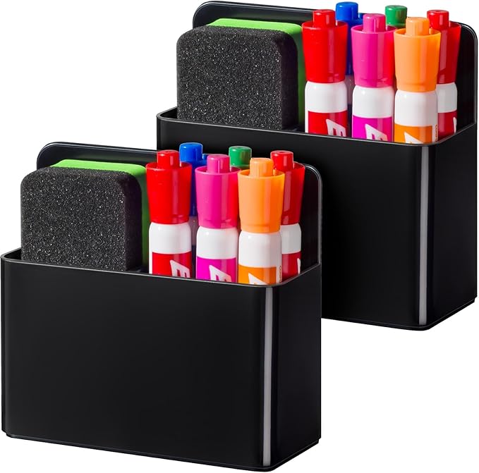 BEYGORM 2 Pack Plastic Magnetic Pen Holder for Refrigerator, Dry Erase Marker Holder for Whiteboard，Magnet School Locker Organizer Accessories, Pencil Cup, Pen Caddy, Classroom Organization(Black)