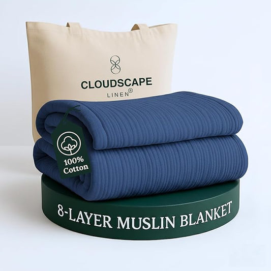 Cloud Scape Linen 100% Cotton 8 Layer Twin Size Muslin Blanket - Breatheable and Soft Winter Blanket for Bed, Couch and Sofa, Oversized Fits up to Twin XL, Best Gift Idea, 68x92, Ensign Blue
