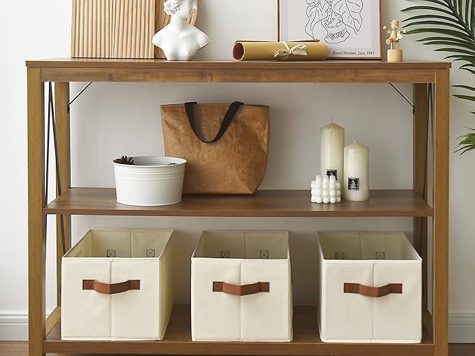 StorageWorks Storage Baskets for Shelves, Foldable Fabric Closet Storage Bins with PU Handles, Fabric Storage Bins Clothes Organizer, Ivory White, 3-Pack, Large