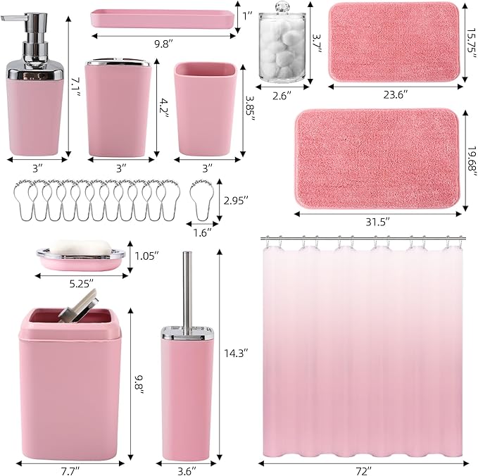 XLHOMO Bathroom Accessory Set–Bathroom Sets with Shower Curtain and Rugs, Non Slip Bathroom Rugs Super Absorbent, Pink Ombre Waterproof Shower Curtain with Hooks, Pink Bathroom Sets Complete for Home
