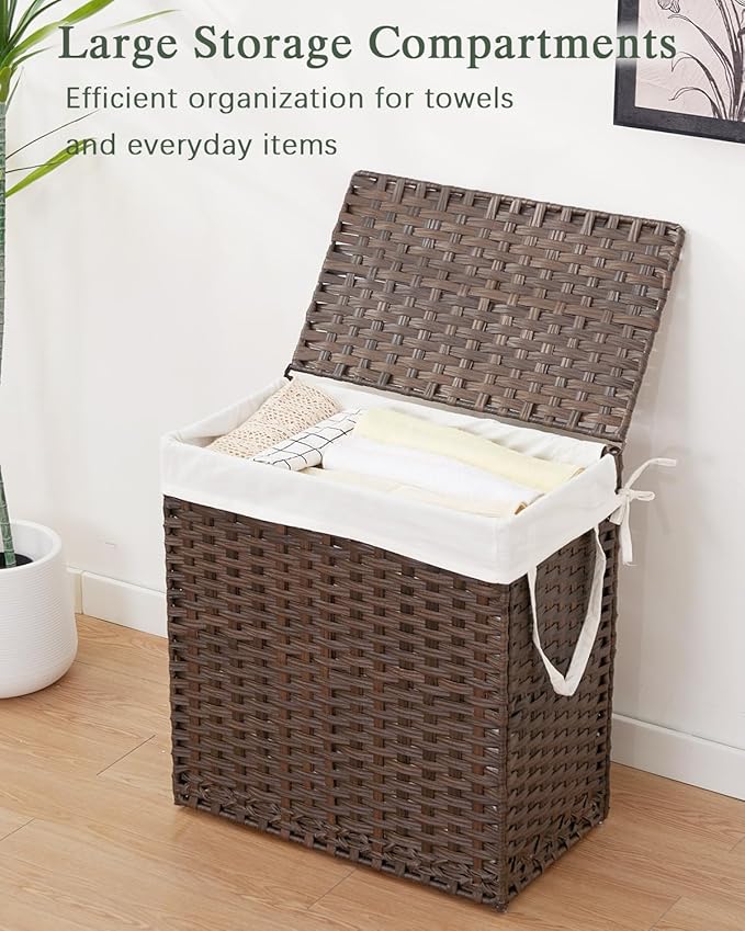 SETVSON Laundry Hamper with Lid Wicker Laundry Basket 112 L (29.6 Gal) Laundry Hampers Handwoven Rattan Laundry Hamper with Handles 3 Removable Washing Bag, 6 Mesh Bags for Bathroom Bedroom Brown