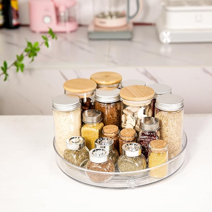 YCLADEC 4 Pack Lazy Susan 9.2" Inch Turntable Organizer Pantry Organization and Storage Container Bins Spice Rack Cabinet Rotating Condiment for Pantry Kitchen Vanity Bathroom Jewelry Holder Clear